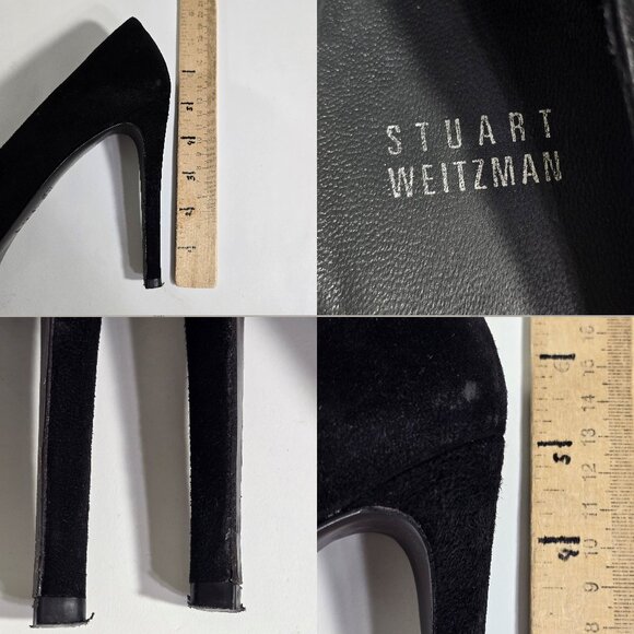 Stuart Weitzman Black Suede Platform Pumps Round Toe 7.5 N 5" Stiletto Heel - Picture 15 of 16